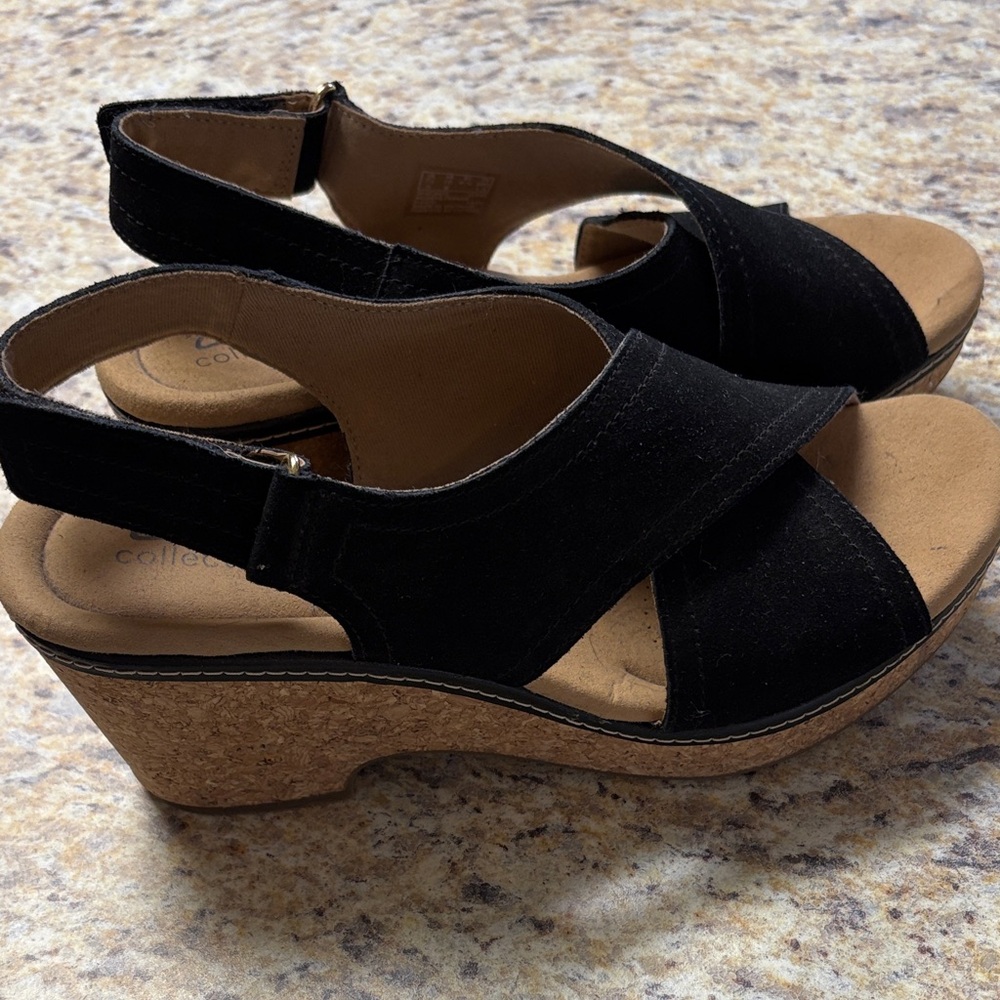 Clarks Black and Tan Wedge Sandals